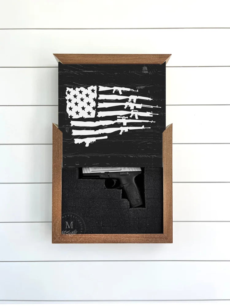 Gun Enthusiast American Flag Hidden Safe Box Walnut / Black Wood Framed Sign