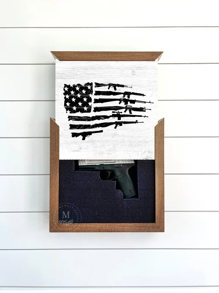 Gun Enthusiast American Flag Hidden Safe Box Walnut / White Wood Framed Sign