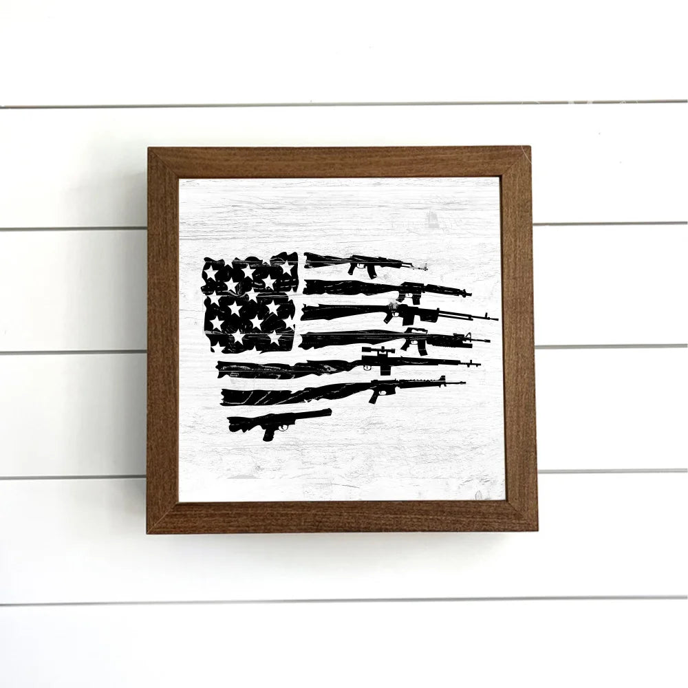 Gun Enthusiast American Flag Hidden Safe Box Wood Framed Sign