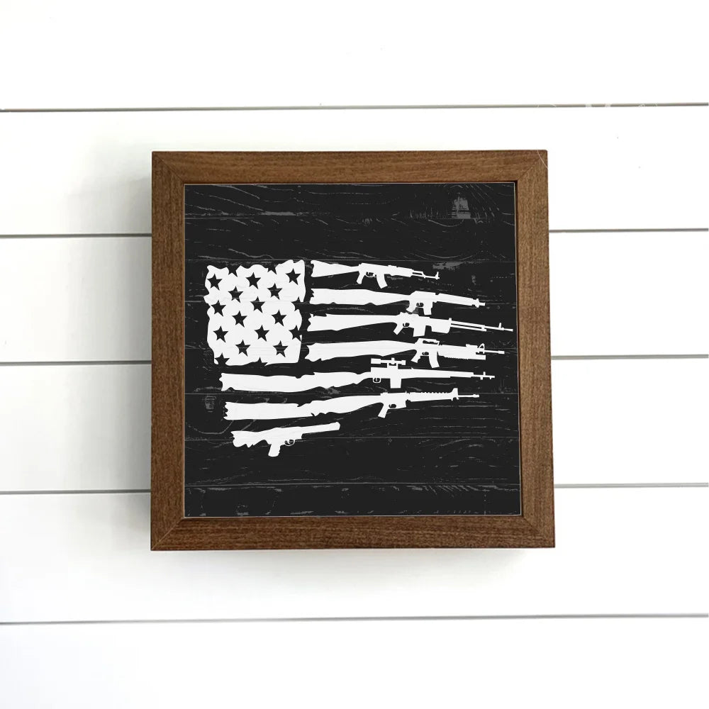 Gun Enthusiast American Flag Hidden Safe Box Wood Framed Sign