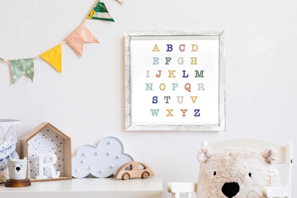 Kids Room Abc Alphabet Wood Sign 18X18 / Rustic White Wood Framed Sign