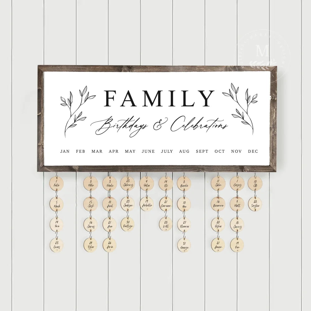 Perpetual Family Birthday Calendar Sign With Tags Wood Framed Sign
