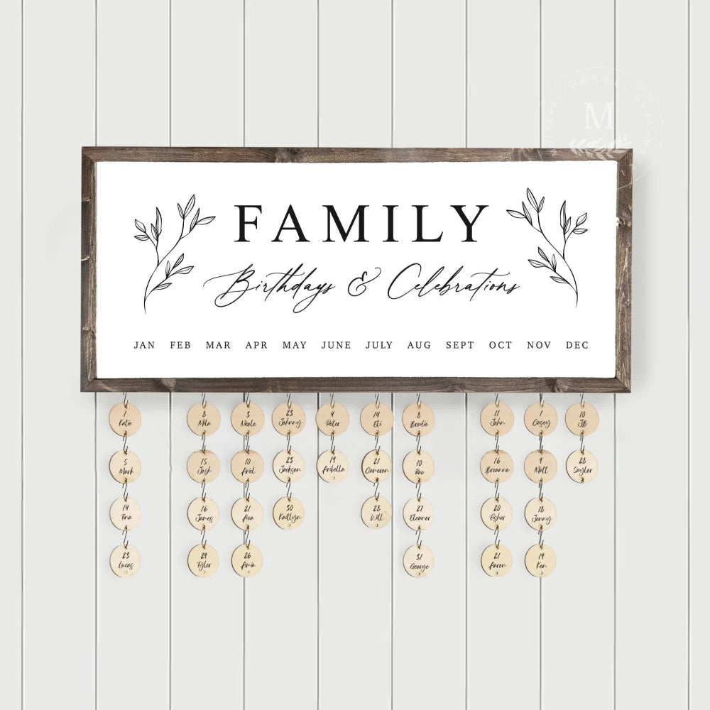 Perpetual Family Birthdays & Celebrations Calendar Sign With Tags Wood Framed Sign