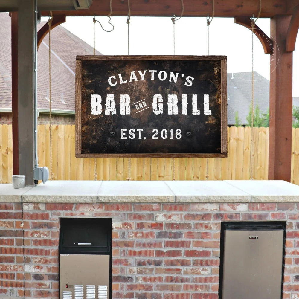 Personalized Bar And Grill Sign Wood Framed Sign