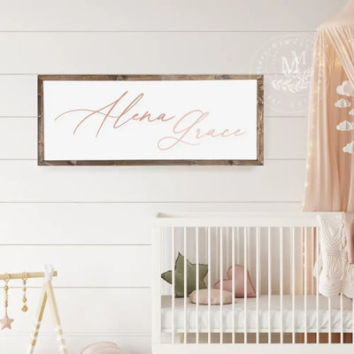 Personalized Nursery Baby Name Sign 20X10 / Walnut Wood Framed Sign