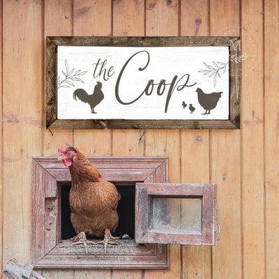 The Coop Chicken Sign 20X10 / Walnut White Wood Framed Sign