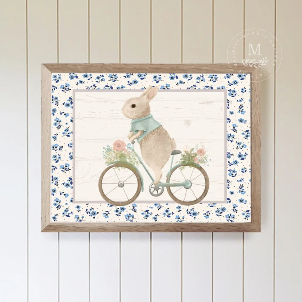Vintage Riding Rabbit Nursery Wall Art Wood Framed Sign