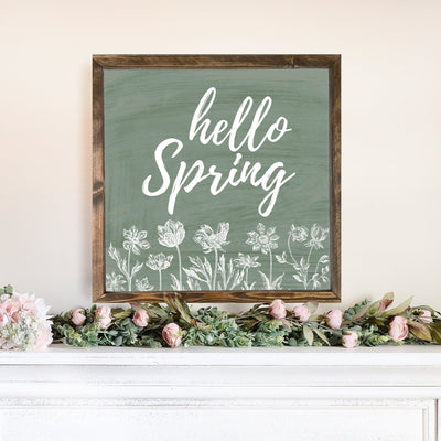 Floral Green Hello Spring | Wood Farmhouse Sign - Mulberry Market Designs