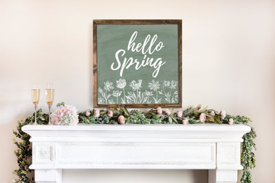 Floral Green Hello Spring | Wood Farmhouse Sign - Mulberry Market Designs