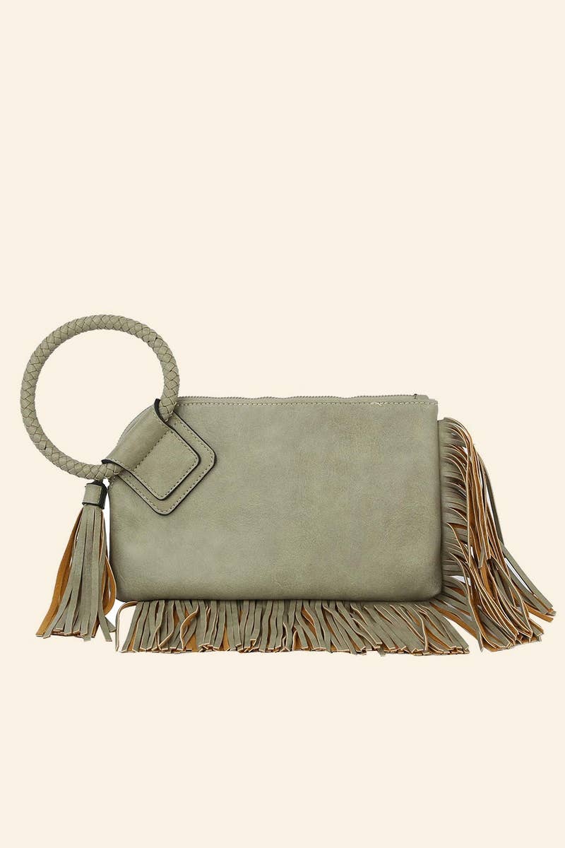 Sage Fringe Cuff Clutch Tassel Wristlet Handbag