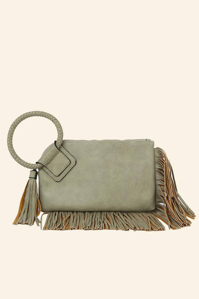 Sage Fringe Cuff Clutch Tassel Wristlet Handbag