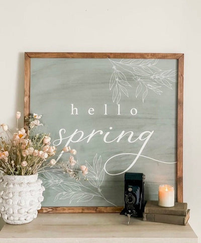 Green Hello Spring | Wood Farmhouse Sign - Mulberry Market Designs
