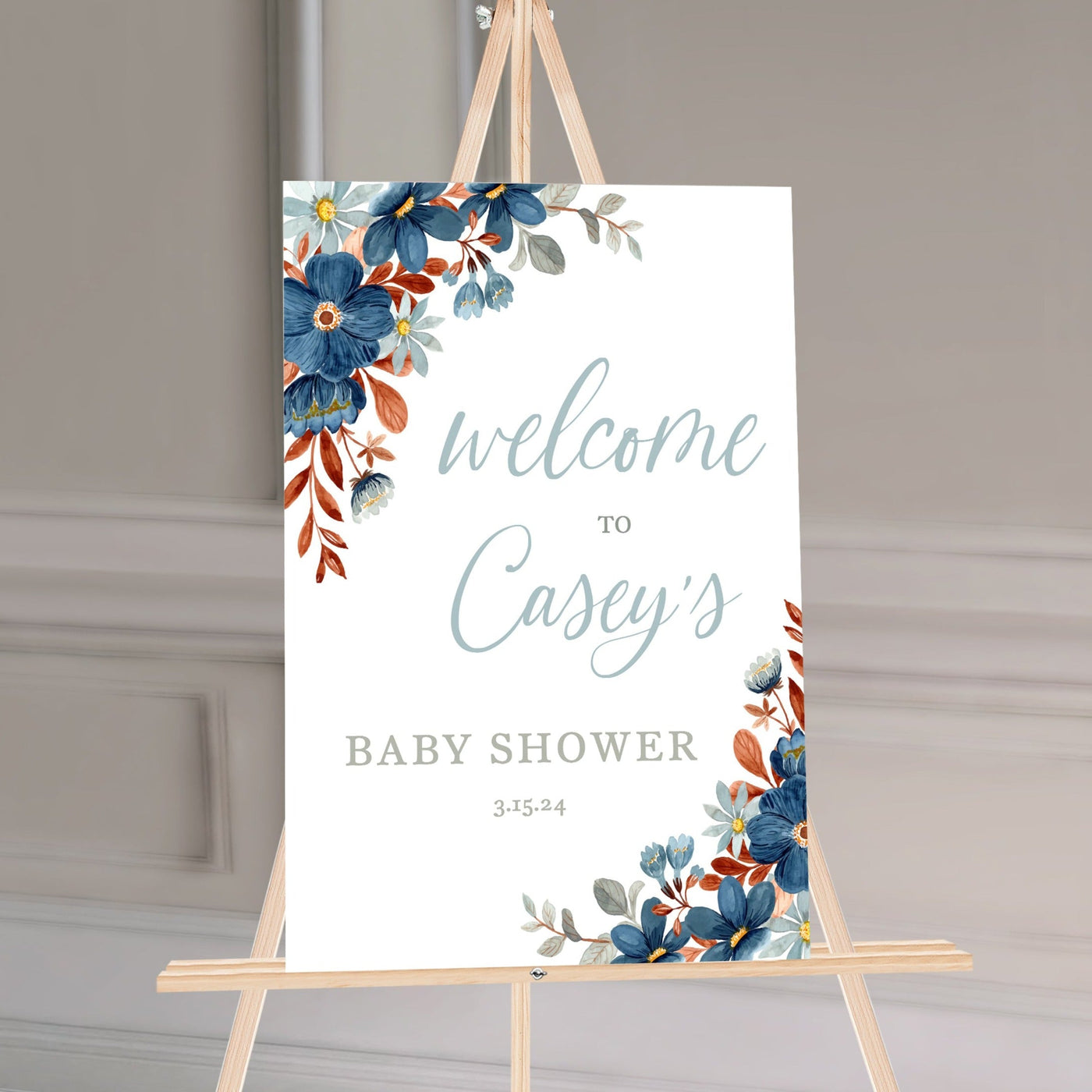 Blue Flowers Baby Shower Sign - Mulberry Market Designs