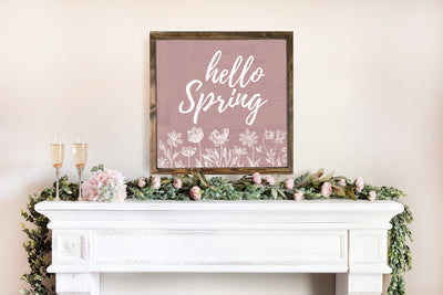 Floral Pink Hello Spring | Wood Farmhouse Sign - Mulberry Market Designs