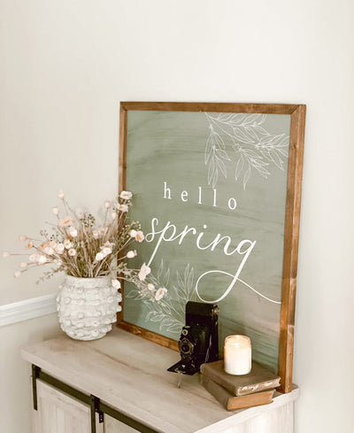 Green Hello Spring | Wood Farmhouse Sign - Mulberry Market Designs