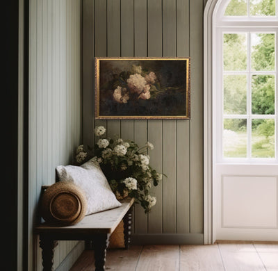 Vintage Art Moody Floral Peony Painting - Mulberry Market Designs