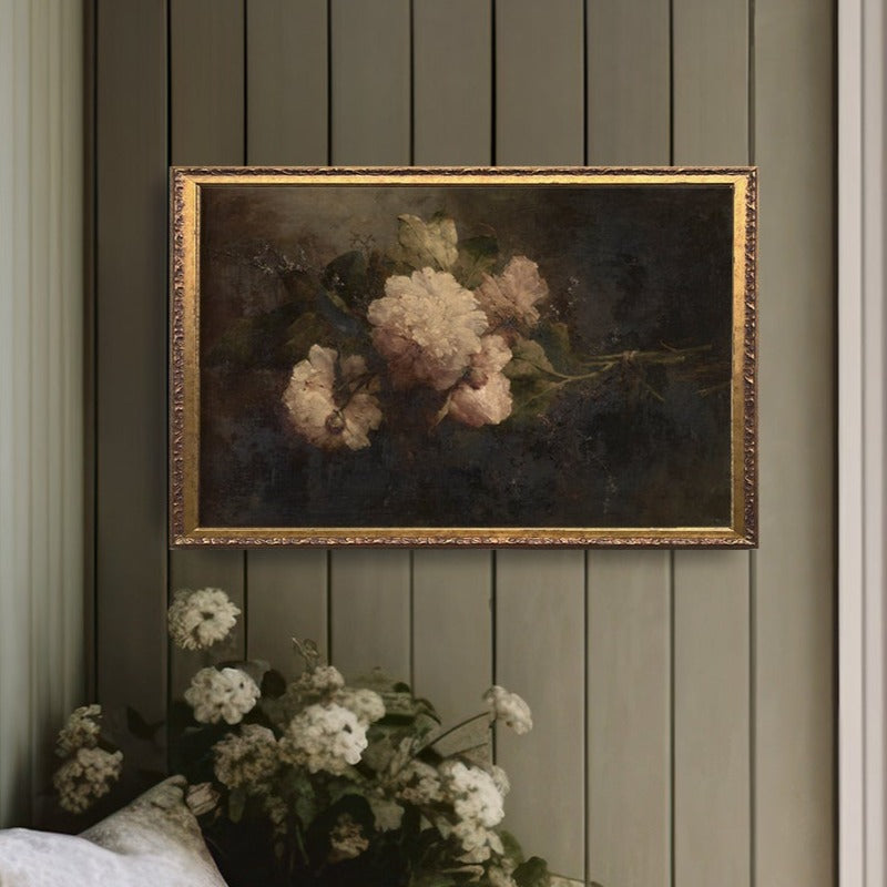 Vintage Art Moody Floral Peony Painting - Mulberry Market Designs