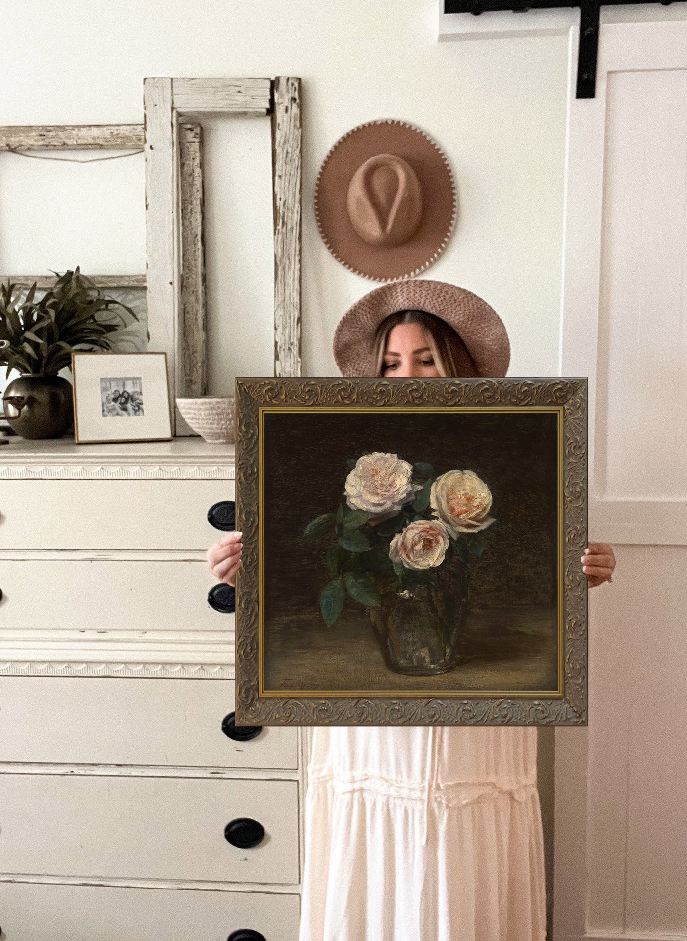 Vintage Art Trois Roses Painting - Mulberry Market Designs
