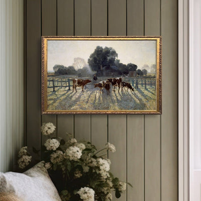 Vintage Art Mornings on the Farm Cow Painting - Mulberry Market Designs