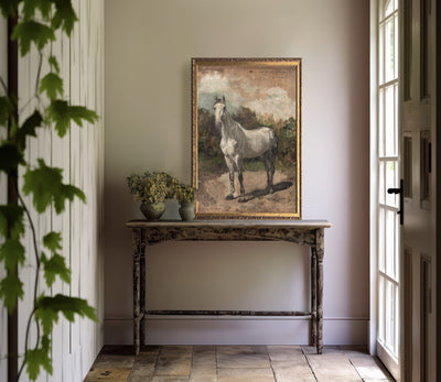 Vintage Art White Horse Equestrian Painting - Mulberry Market Designs