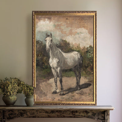 Vintage Art White Horse Equestrian Painting - Mulberry Market Designs