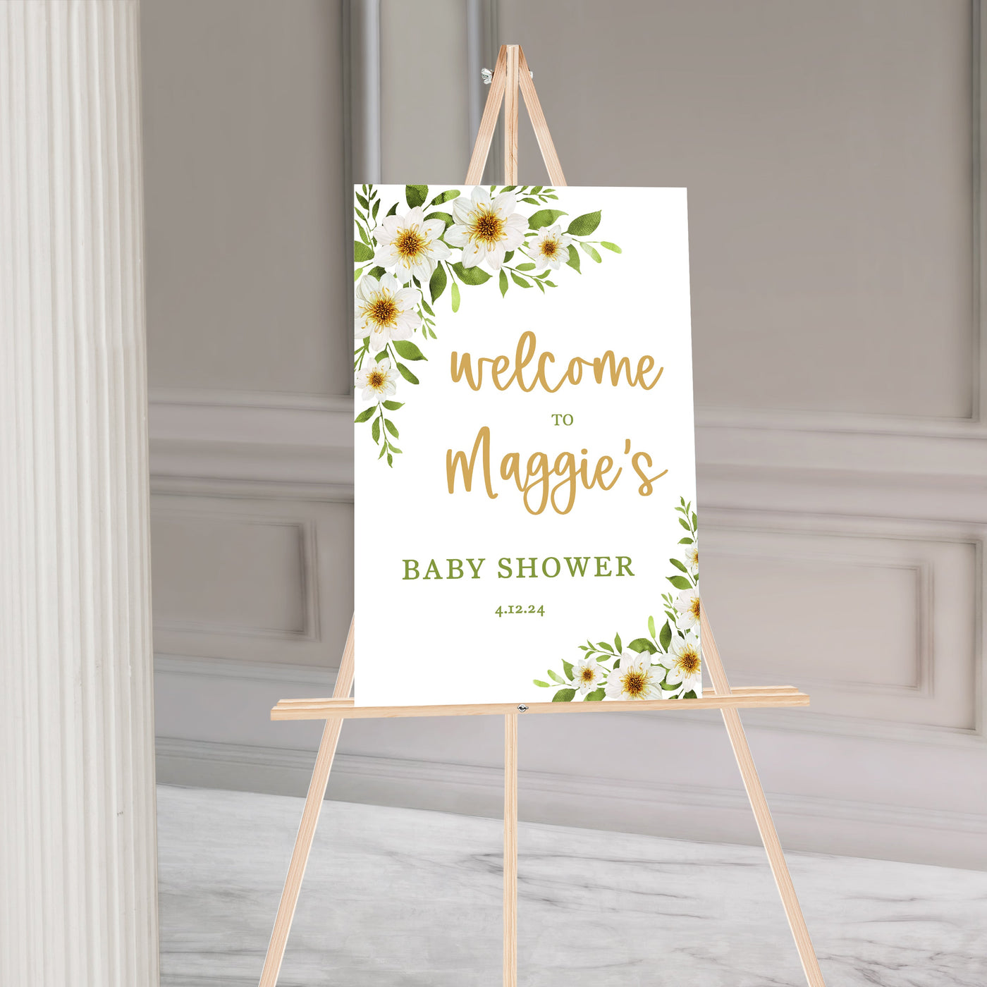 White Flowers Baby Shower Sign