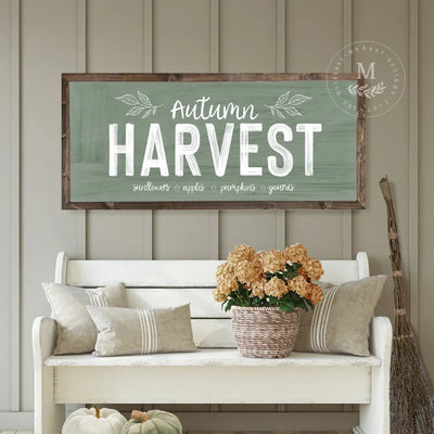 Autumn Harvest Farmhouse Fall Sign 20X10 / Walnut Frame Green