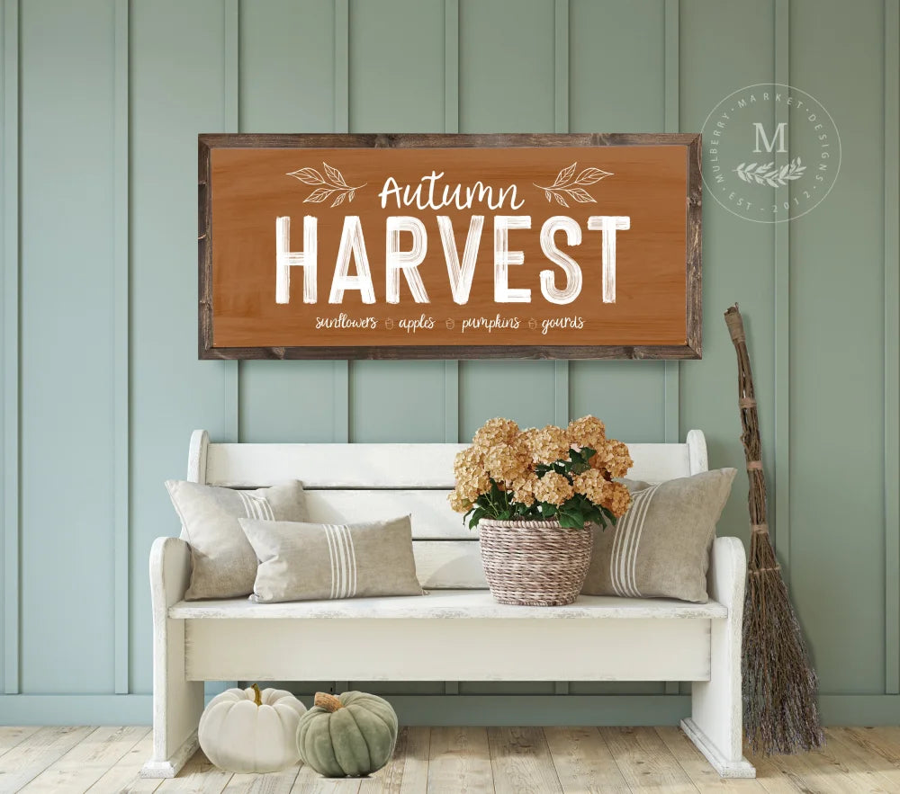 Autumn Harvest Farmhouse Fall Sign 20X10 / Walnut Frame Orange