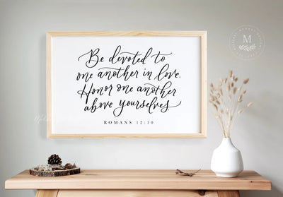 Be Devoted To One Another Romans 12:10 Bible Verse Sign Wood Framed Sign