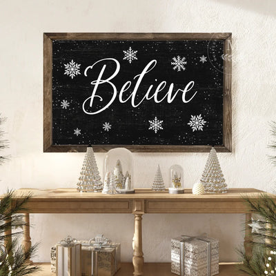 Believe Snowflake Farmhouse Christmas Sign Wood Framed Sign