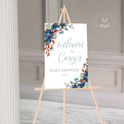 Blue Flowers Baby Shower Sign Acrylic