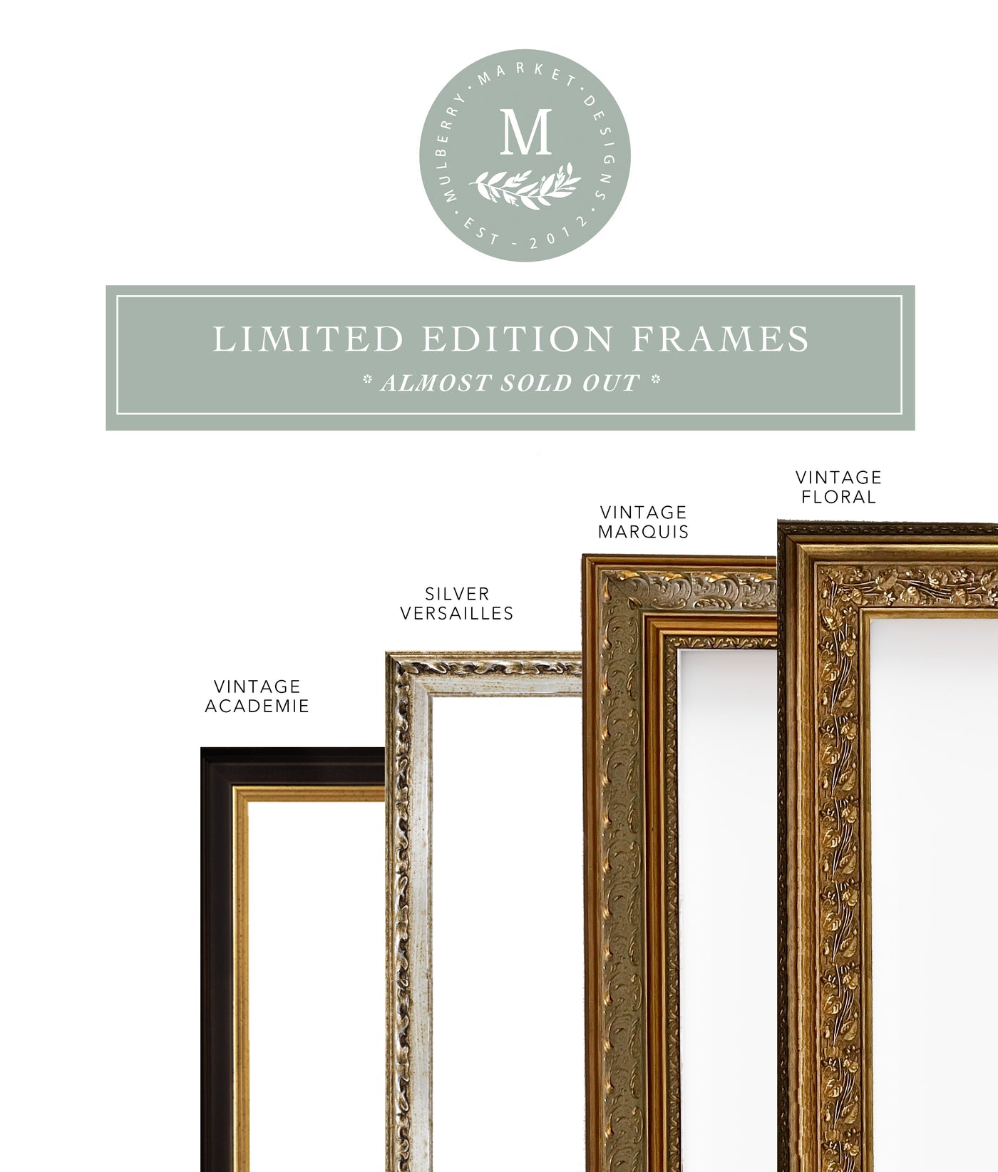 a set of four framed pictures with the names of the frames