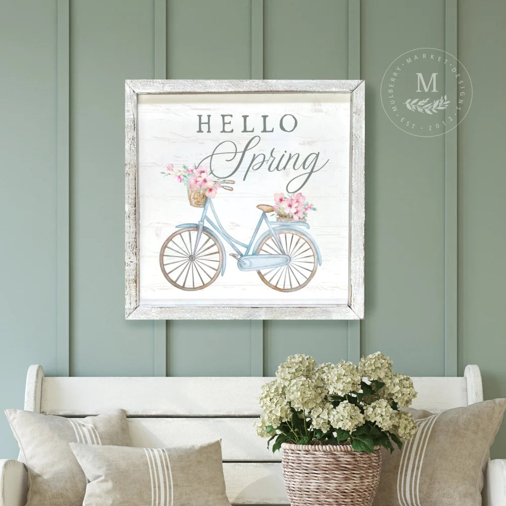 Floral Bicycle Hello Spring Wall Art Wood Framed Sign