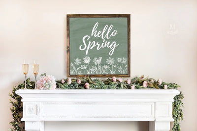 Floral Green Hello Spring | Wood Farmhouse Sign Wood Framed Sign