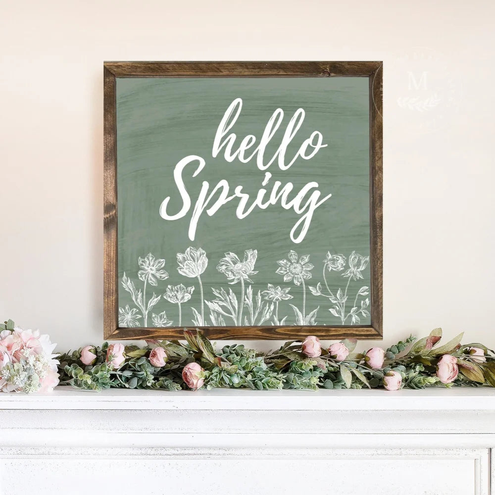 Floral Green Hello Spring | Wood Farmhouse Sign Wood Framed Sign