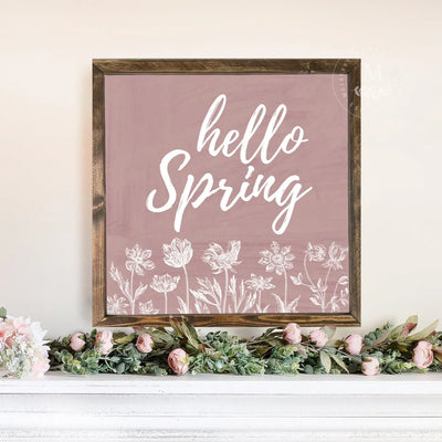 Floral Pink Hello Spring | Wood Farmhouse Sign Wood Framed Sign