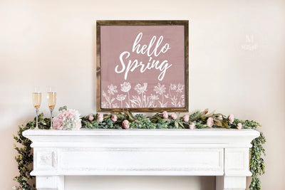 Floral Pink Hello Spring | Wood Farmhouse Sign Wood Framed Sign