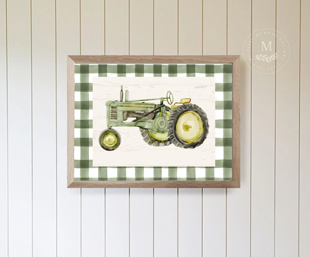Green Gingham Tractor Kids Wall Art Wood Framed Sign