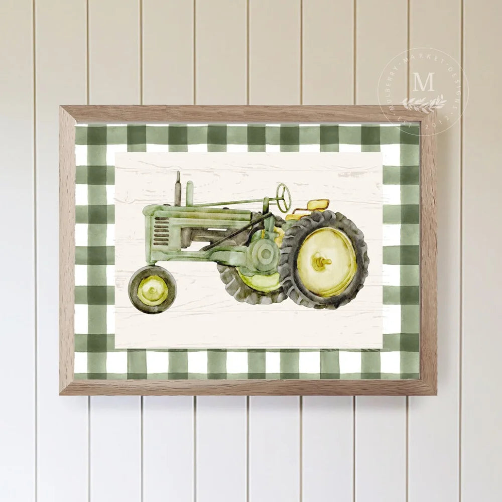 Green Gingham Tractor Kids Wall Art Wood Framed Sign