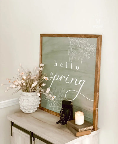 Green Hello Spring | Wood Farmhouse Sign