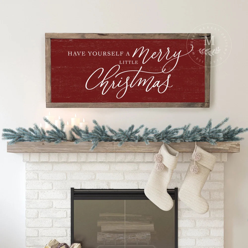 Have Yourself A Merry Little Christmas | Wood Framed Sign 20X10 / Walnut Frame Red Wood Framed Sign