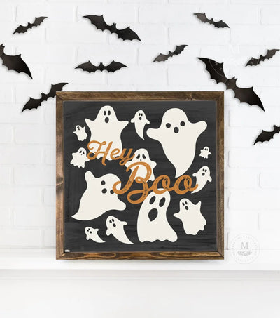 Hey Boo Ghost Halloween Sign 18X18 / Walnut Black Wood Framed Sign