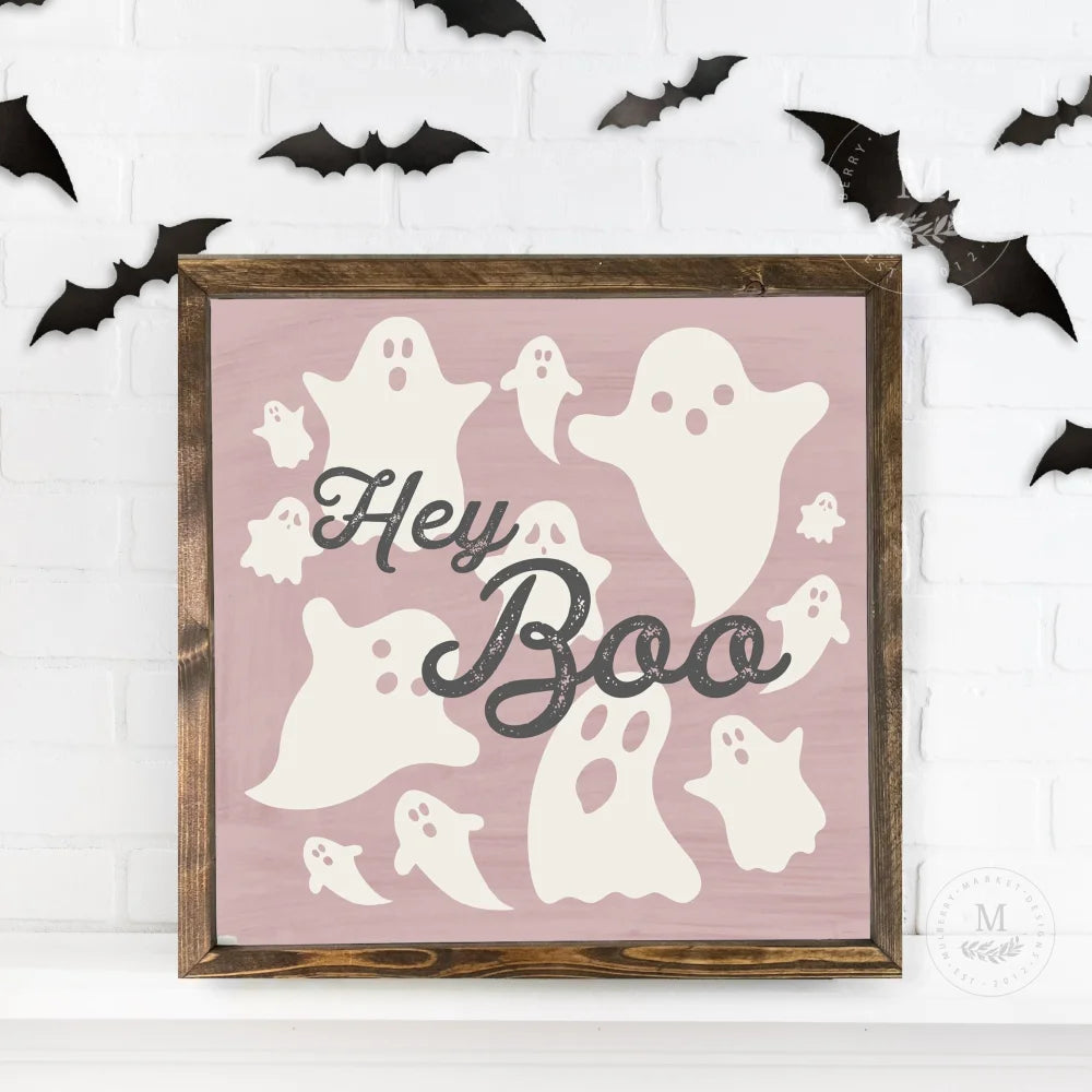 Hey Boo Ghost Halloween Sign 18X18 / Walnut Pink Wood Framed Sign