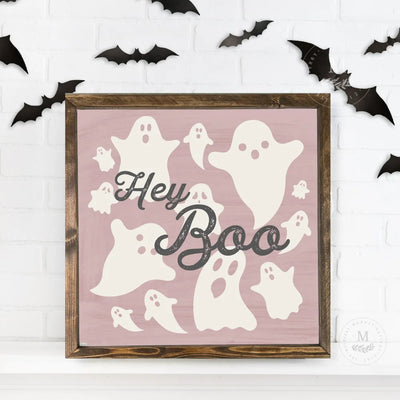 Hey Boo Ghost Halloween Sign 18X18 / Walnut Pink Wood Framed Sign