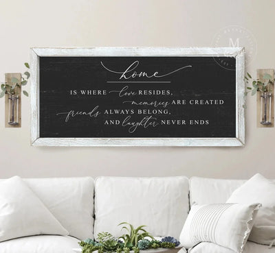 Rustic Black Home Is Where Love Resides Wood Sign 20X10 / White Wood Framed Sign