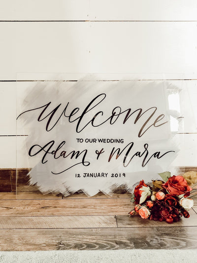 Personalized Brushed Acrylic Wedding Welcome Sign - Mulberry Market Designs