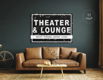 Industrial Theater Lounge Metal Sign Wood Framed Sign