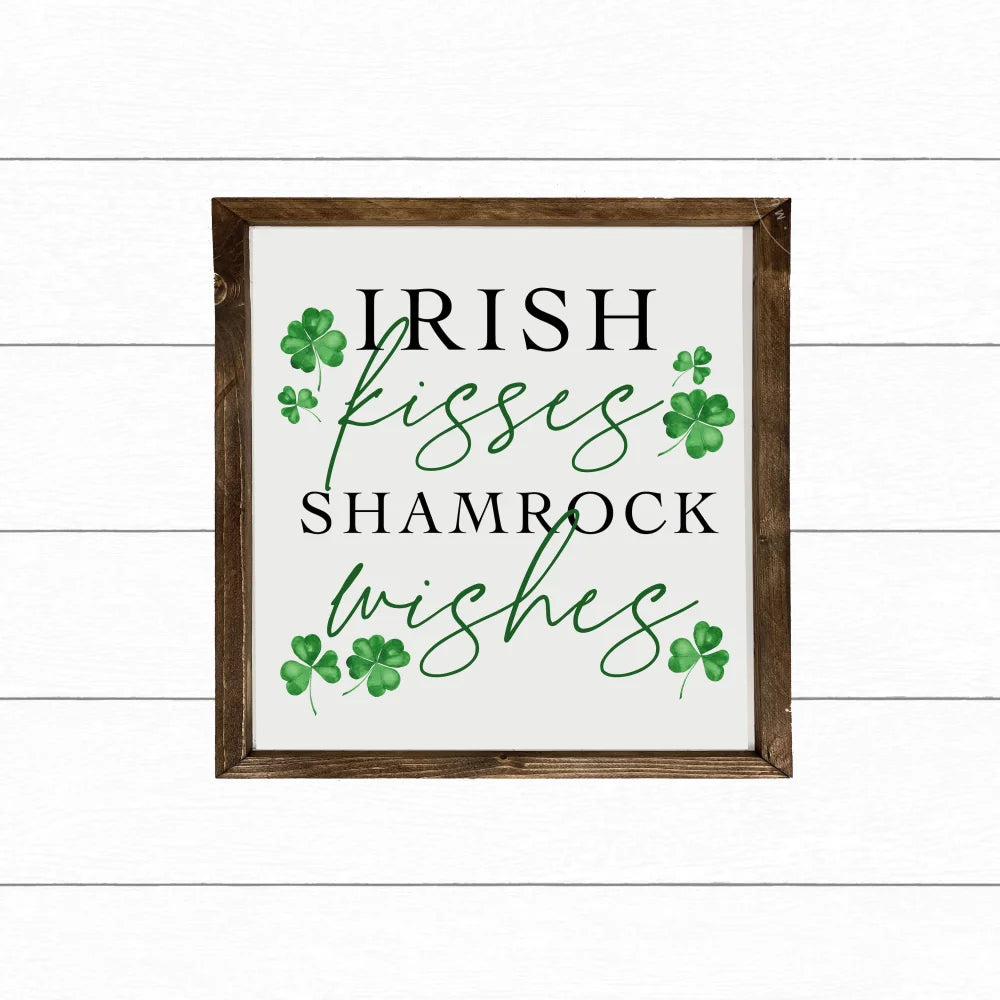 Irish Kisses Shamrock Wishes | St. Patricks Day Sign Wood Framed Sign