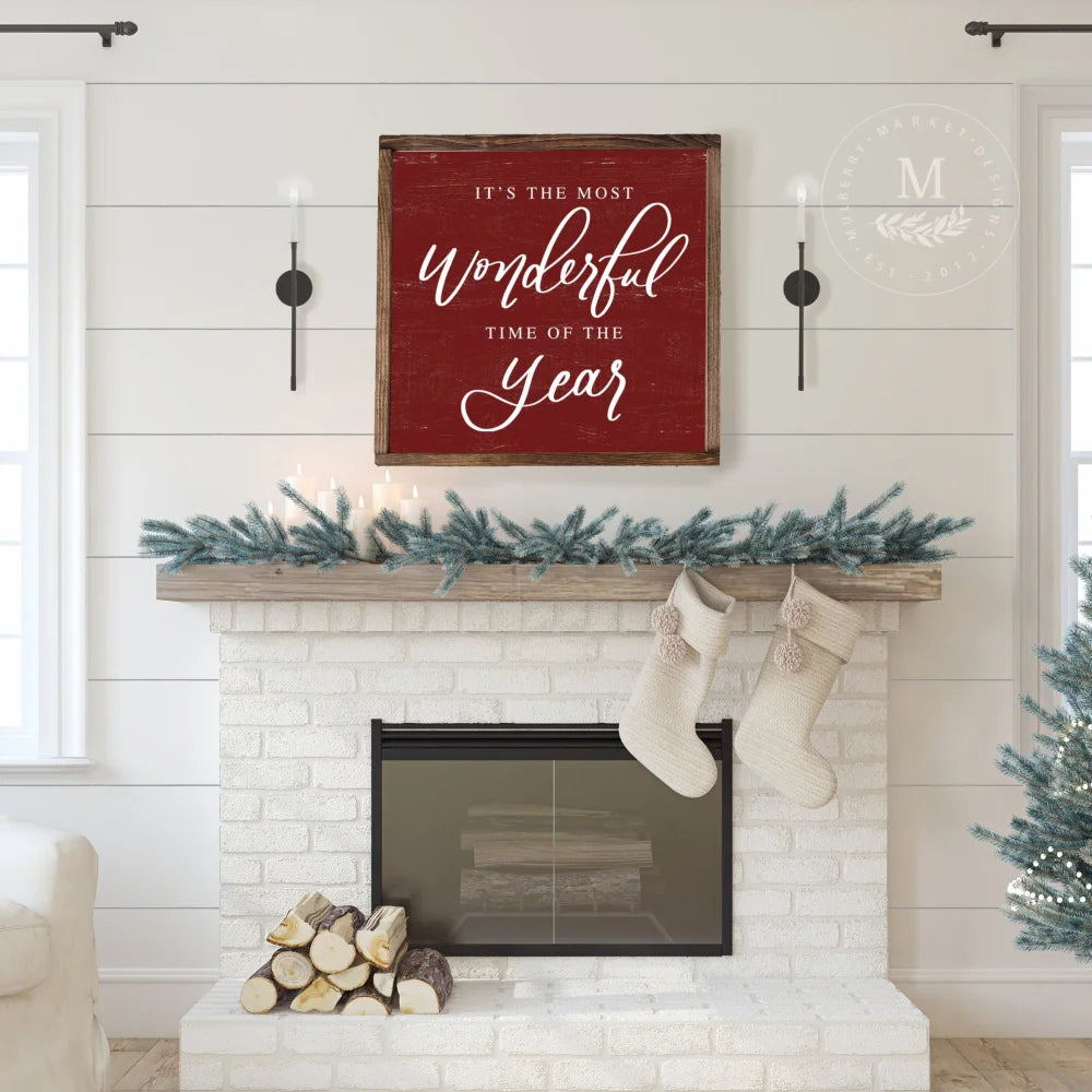 Its The Most Wonderful Time Of Year | Wood Framed Sign 18X18 / Walnut Red Christmas Sign