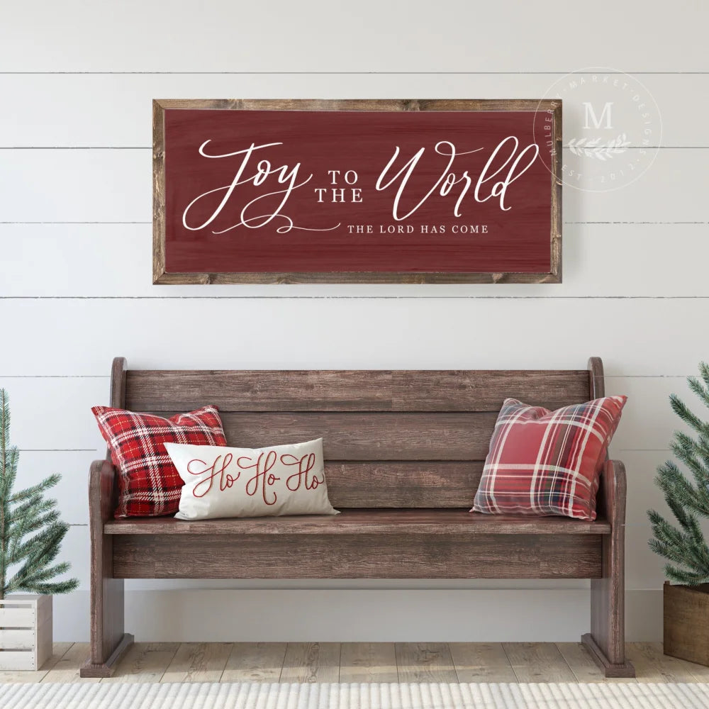 Joy To The World Farmhouse Christmas Sign 20X10 / Walnut Frame Red Wood Framed Sign